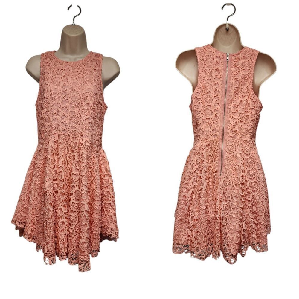 Do +Be Fit & Flare Floral Lace Raw Hem Mini Skater Sleeveless Pink Dress Size M